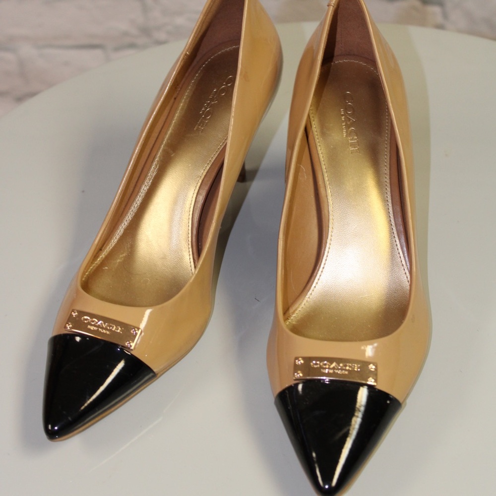 Coach Nude Tan and Black Pointed Toe Heels